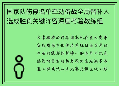 国家队伤停名单牵动备战全局替补人选成胜负关键阵容深度考验教练组 国家队伤停名单牵动备战全局替补人选成胜负关键阵容深度考验教练组
